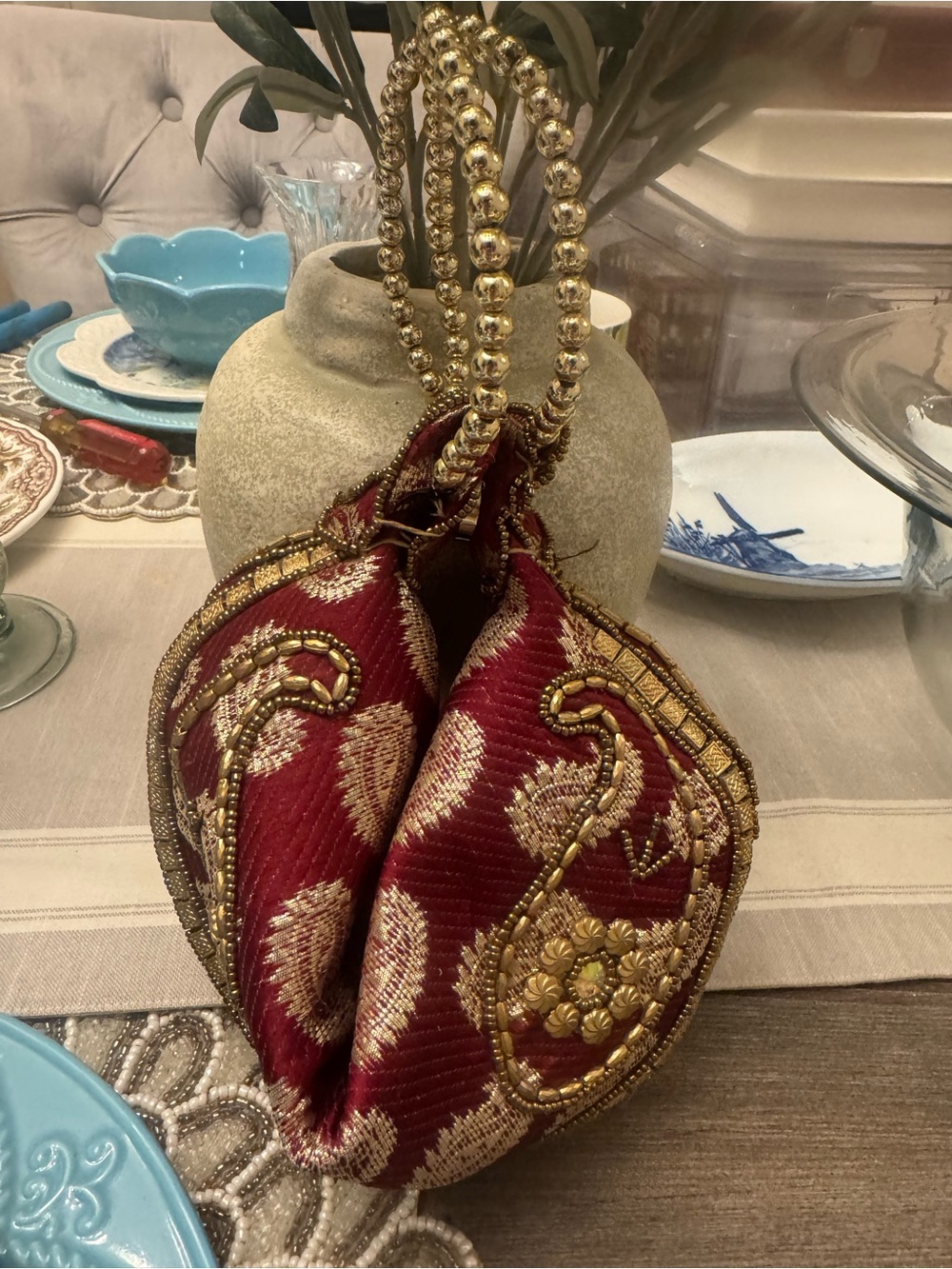 Elegant Red and Gold Embellished Evening Bag